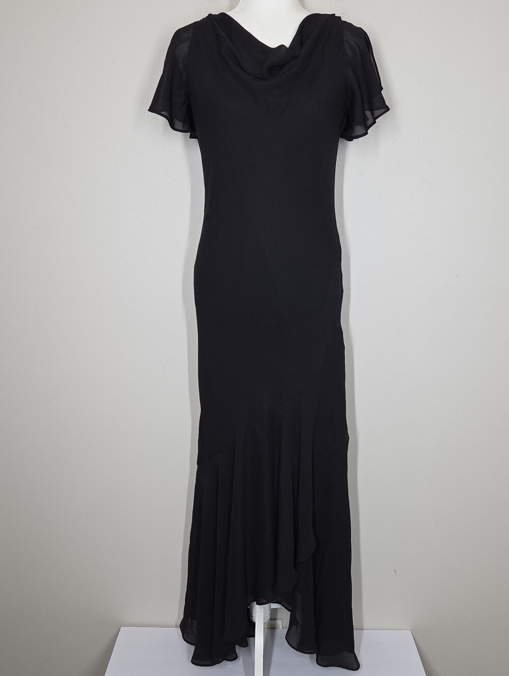 Vtg Y2K Black Asymmetrical Flutter Sleeve Cowl Maxi Dress 6 Fairy Whimsigoth